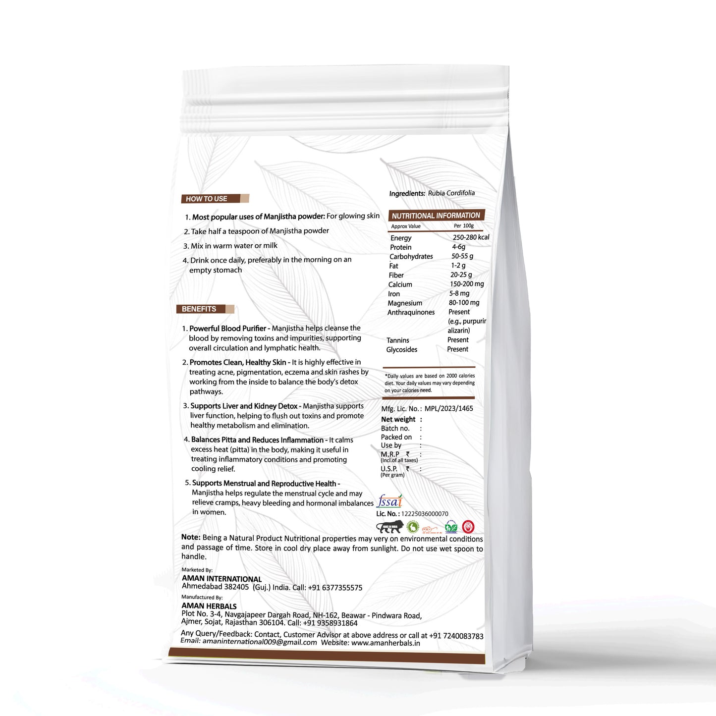 Aman Herbals Manjistha Powder, Rubia Cordifolia, Natural Blood Purifier and Skin Care Supplement, Indian Origin 200gm - AMANHERBAL