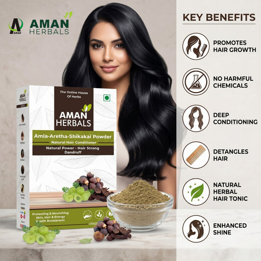 AMAN HERBALS - Natural Amla Ritha Shikakai Mix Hair Care Mask Powder For All Hair | 3-In-1 Natural Hair Cleanser | Hair Strengthening I Shiny Hair | Control Dandruff (100gram) Pack Of 2,4 (Pack Of 4)