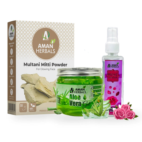 multani mitti combo, aloe vera gel uses, rose water pack, clay mask pack