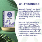 Indigo powder, natural hair dye, herbal hair color, organic indigo, chemical-free hair dye, black hair color, hair coloring powder, plant-based dye, hair care, Ayurvedic hair dye