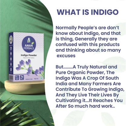 Indigo powder, natural hair dye, herbal hair color, organic indigo, chemical-free hair dye, black hair color, hair coloring powder, plant-based dye, hair care, Ayurvedic hair dye