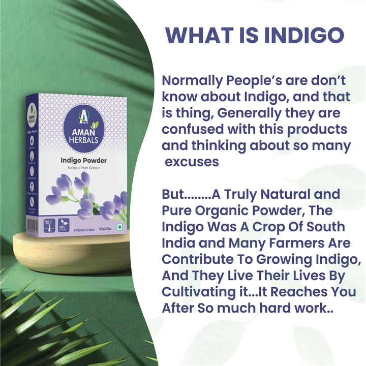 Indigo powder, natural hair dye, herbal hair color, organic indigo, chemical-free hair dye, black hair color, hair coloring powder, plant-based dye, hair care, Ayurvedic hair dye
