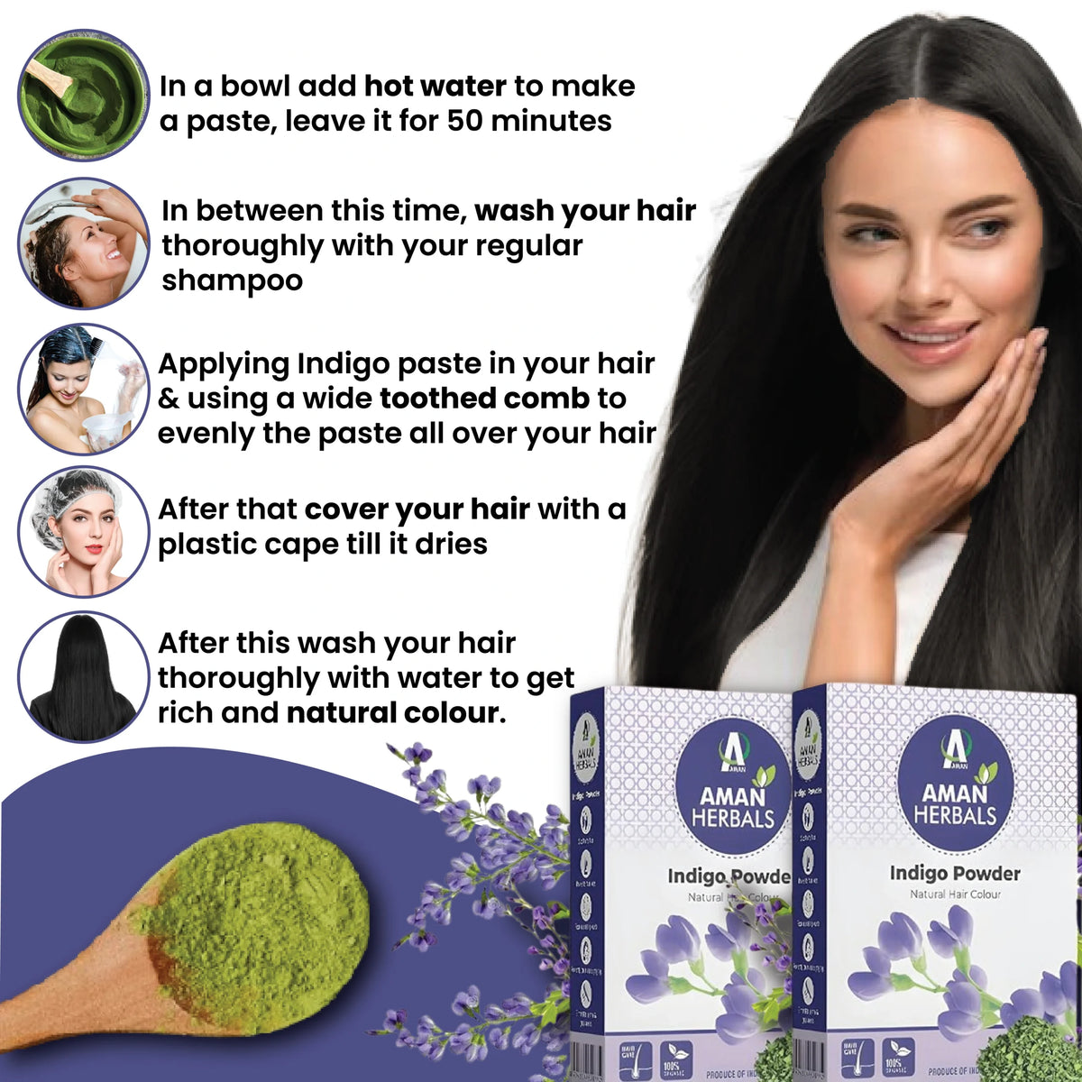 Indigo powder, natural hair dye, herbal hair color, organic indigo, chemical-free hair dye, black hair color, hair coloring powder, plant-based dye, hair care, Ayurvedic hair dye
