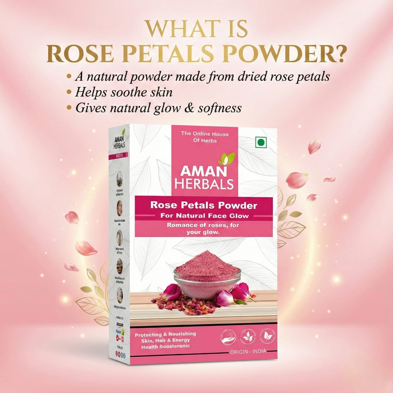 100% Pure and Organic Natural Rose Petal Powder for Face & Skin Glow