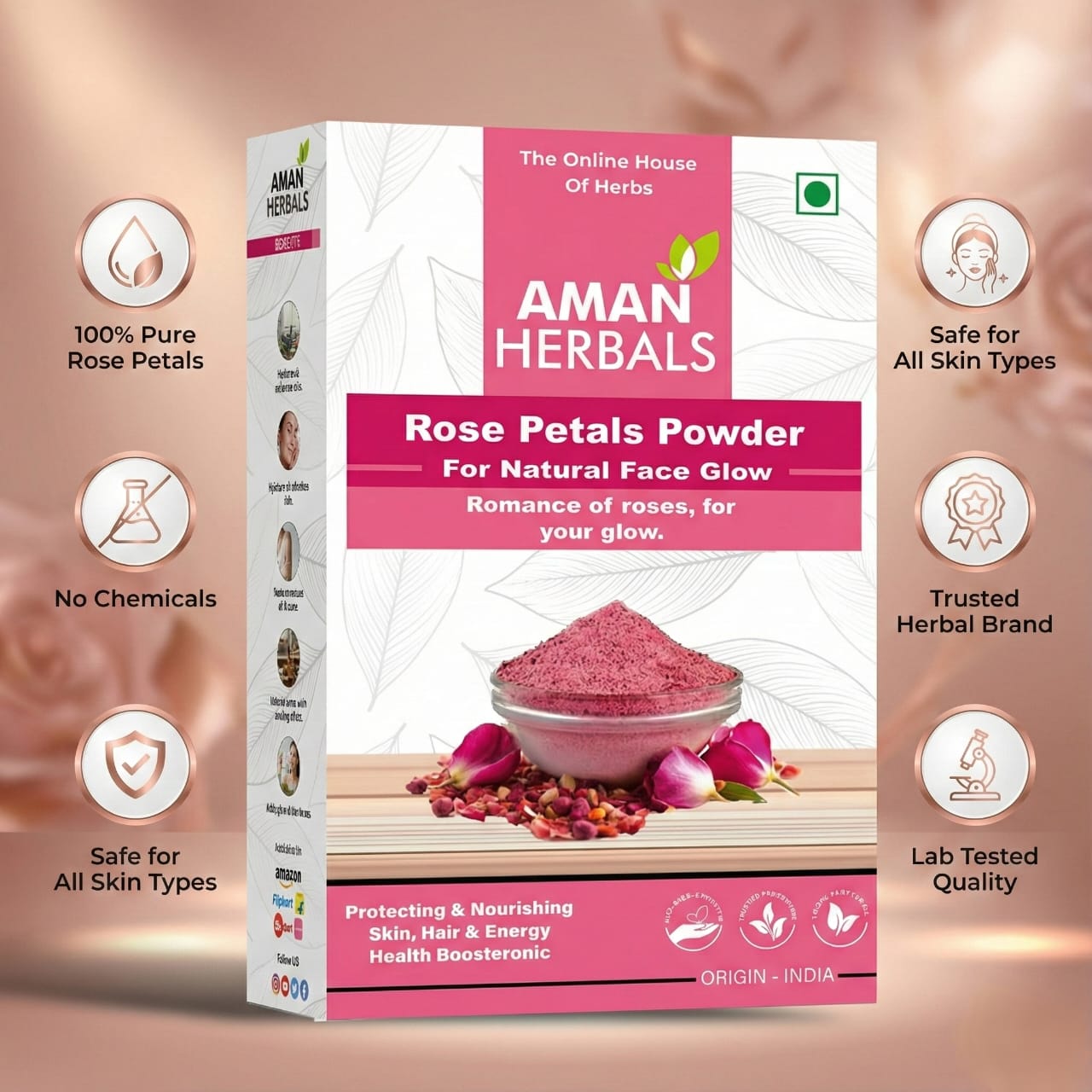 100% Pure and Organic Natural Rose Petal Powder for Face & Skin Glow