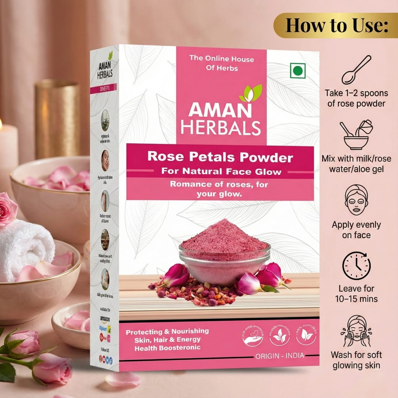 100% Pure and Organic Natural Rose Petal Powder for Face & Skin Glow