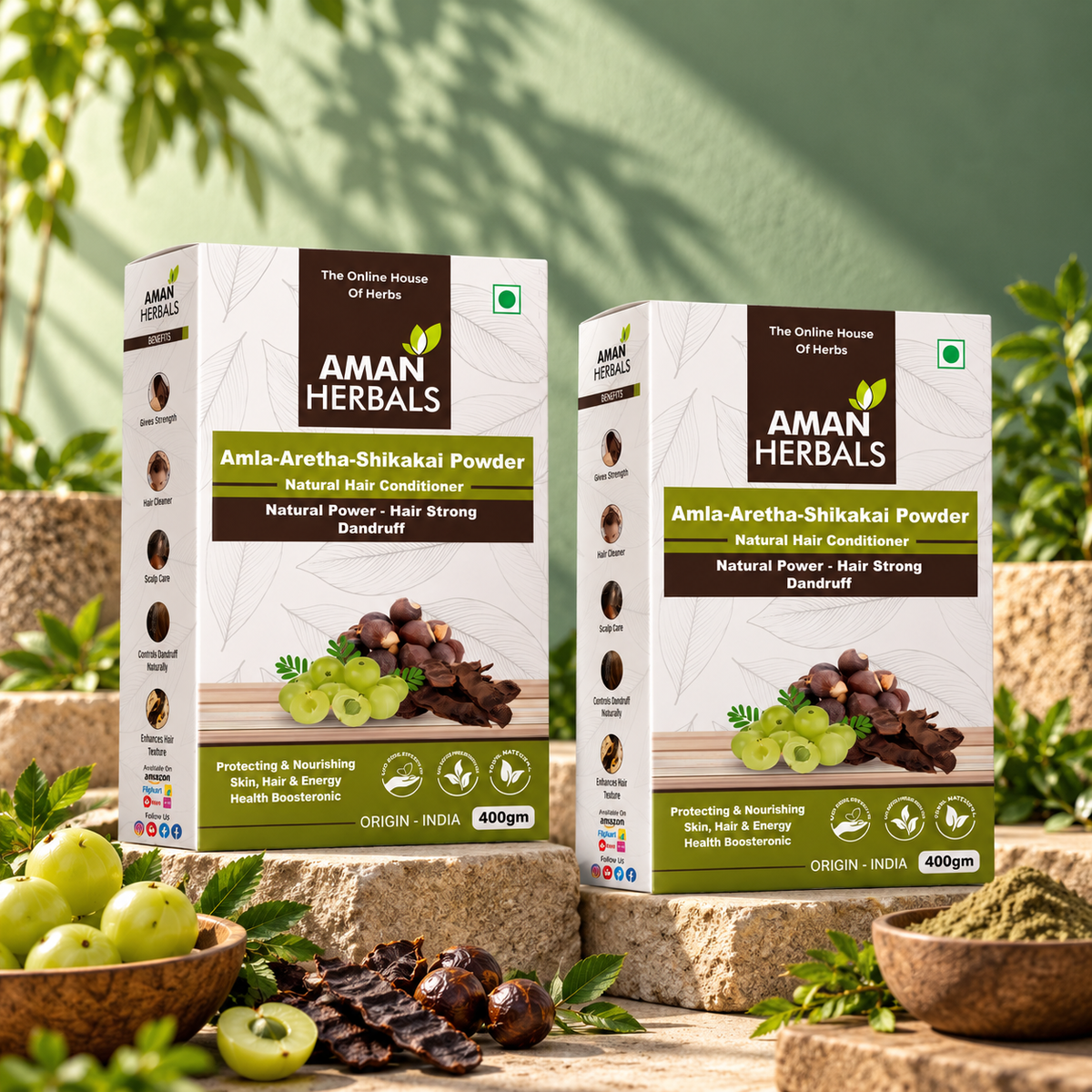 AMAN HERBALS - Natural Amla Ritha Shikakai Mix Hair Care Mask Powder For All Hair | 3-In-1 Natural Hair Cleanser | Hair Strengthening I Shiny Hair | Control Dandruff (100gram) Pack Of 2,4 (Pack Of 4)