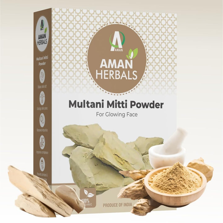AMAN HERBALS -100% Natural Multani Mitti powder for Face, Skin, and Hair | Fuller's Earth, Bentonite Clay - 200 gm (Pack of 2) - AMANHERBAL