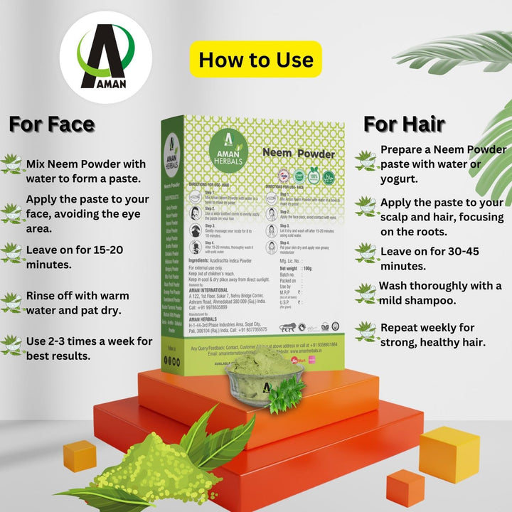 AMAN HERBALS - 100% Organic Neem leaves Powder, Azadirachta Indica for Face, Skin & Hair care by AMAN Herbals (Pack of 2) - AMANHERBAL