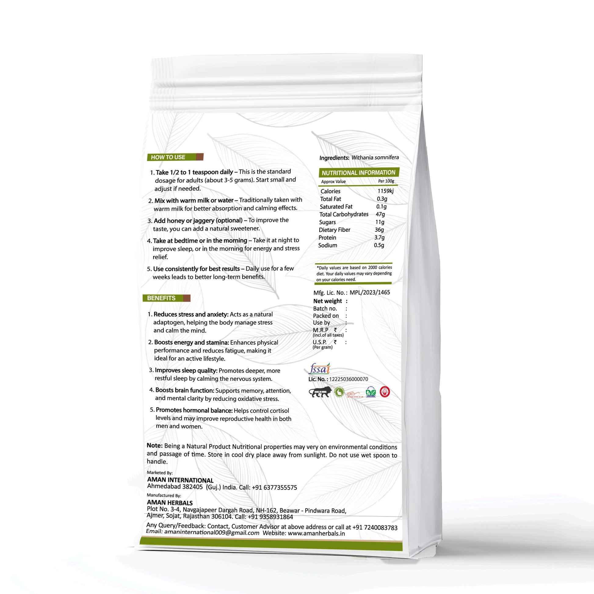 AMAN HERBALS Ashwagandha Powder | 100% Pure & Natural Withania Somnifera | Stress Relief & Energy Booster 200GM - AMANHERBAL