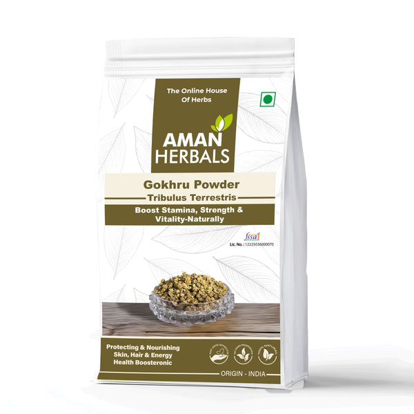 AMAN HERBALS Gokhru Powder | 100% Pure Tribulus Terrestris | Ayurvedic Support for Kidney & Vitality 200GM - AMANHERBAL