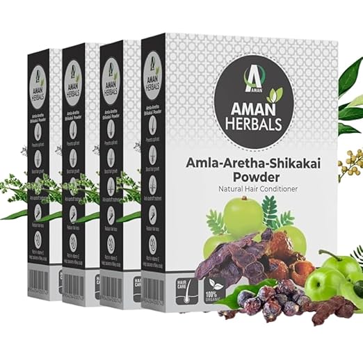 AMAN HERBALS - Natural Amla Reetha Shikakai Powder for Hair, Hair cleanser,hair powder Pack of 100 GM (Pack Of 4) - AMANHERBAL