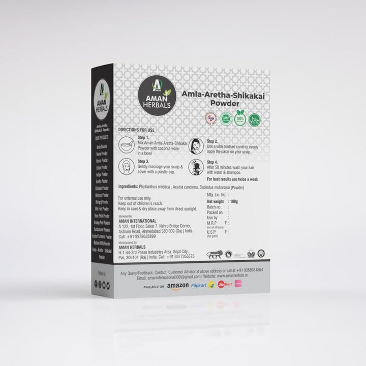 AMAN HERBALS - Natural Amla Reetha Shikakai Powder for Hair, Hair cleanser,hair powder Pack of 100 GM (Pack Of 4) - AMANHERBAL