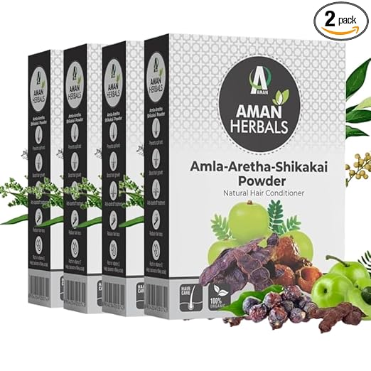 AMAN HERBALS - Natural Amla Ritha Shikakai Mix Hair Care Mask Powder For All Hair | 3-In-1 Natural Hair Cleanser | Hair Strengthening I Shiny Hair | Control Dandruff (100gram) Pack Of 2,4 (Pack Of 4) - AMANHERBAL