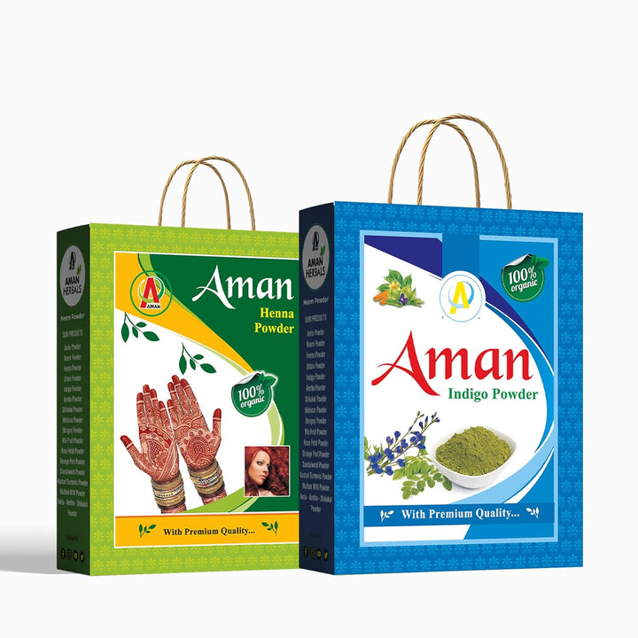 AMAN HERBALS Organic 100% Pure and Natural Dye for Black Hair (Henna Leaves powder, Indigo leaves powder combo pack) (Black Hair, 500g Pack of 2)) - AMANHERBAL