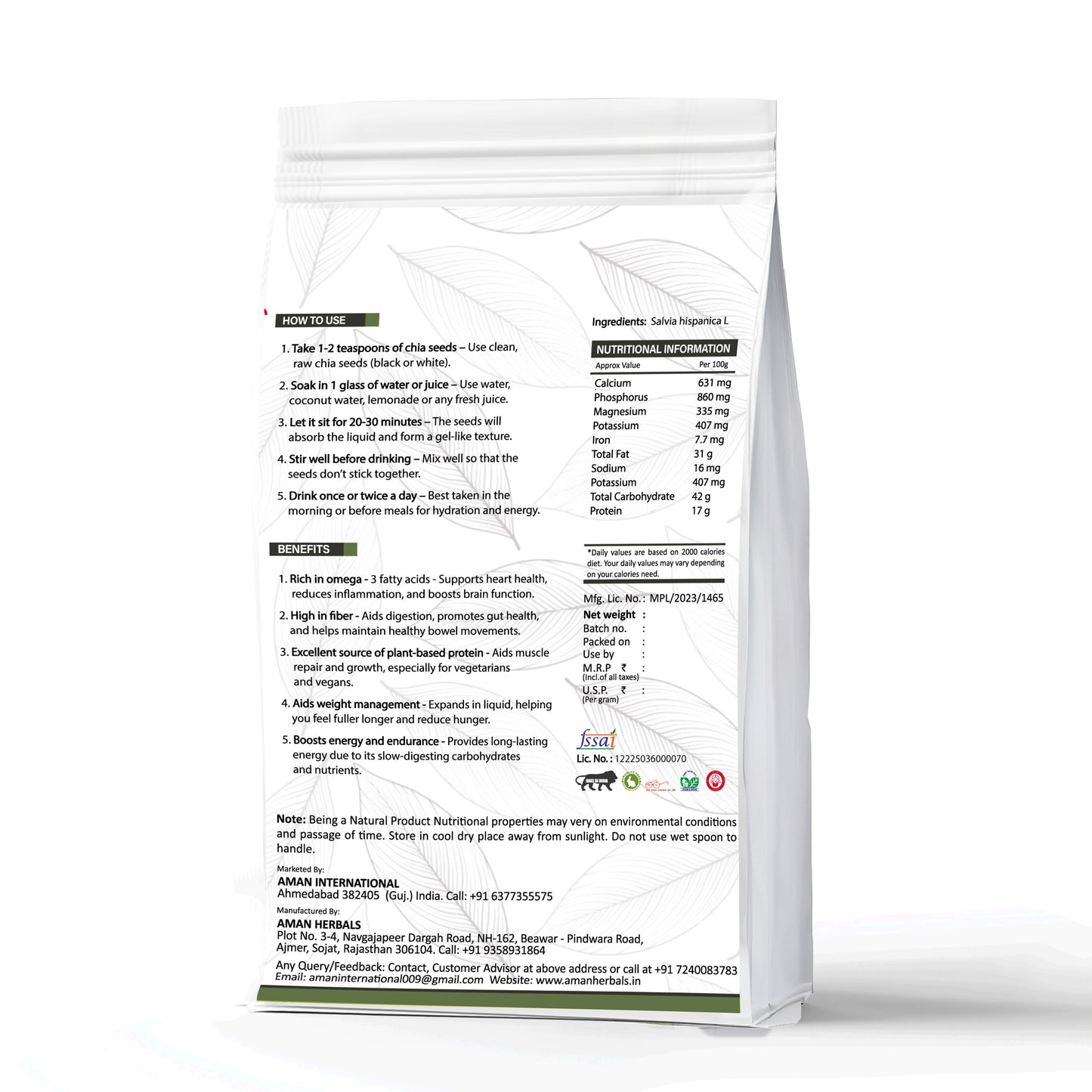 Aman Herbals Natural Chia Seeds for Eating | Superfood for Weight Loss, Health Booster for Energy | 200gm Pack - AMANHERBAL