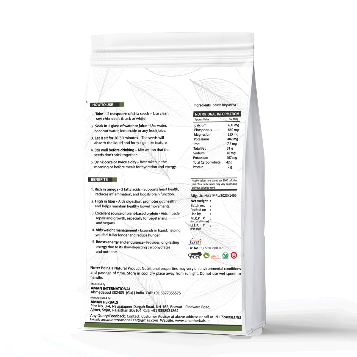 Aman Herbals Natural Chia Seeds for Eating | Superfood for Weight Loss, Health Booster for Energy | 200gm Pack - AMANHERBAL