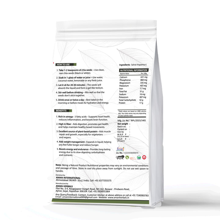 Aman Herbals Natural Chia Seeds for Eating | Superfood for Weight Loss, Health Booster for Energy | 200gm Pack - AMANHERBAL