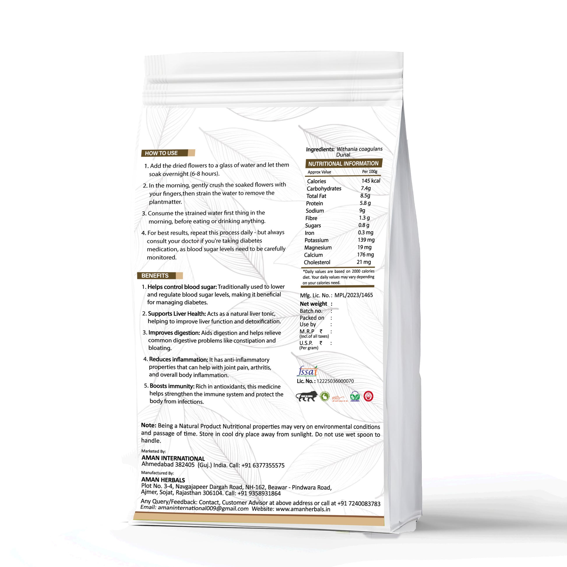 Aman Herbals Paneer Dodi (Withania Coagulans), Natural Herb for Sugar Control and Liver Health, 200gm - AMANHERBAL