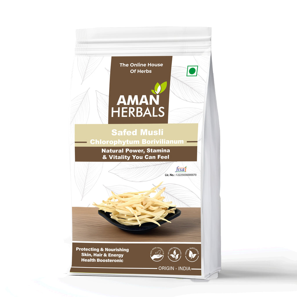 Aman Herbals Safed Musli Powder, Natural Strength and Stamina Supplement, 200gm - AMANHERBAL