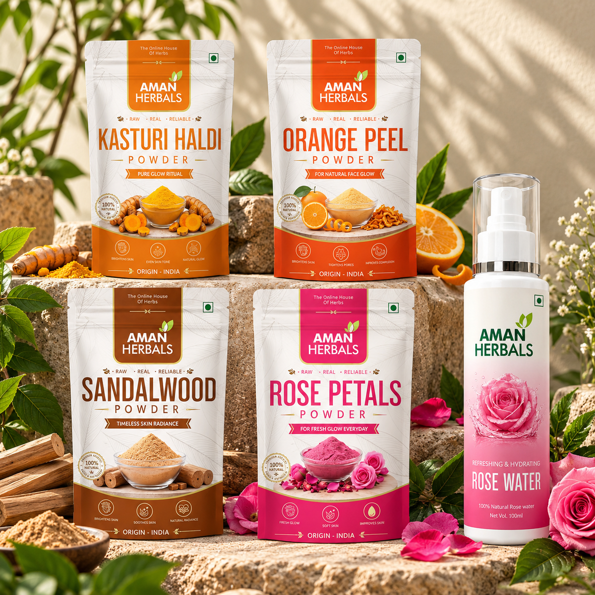 4-in-1 Herbal Face Pack Powder Combo with Rose Water