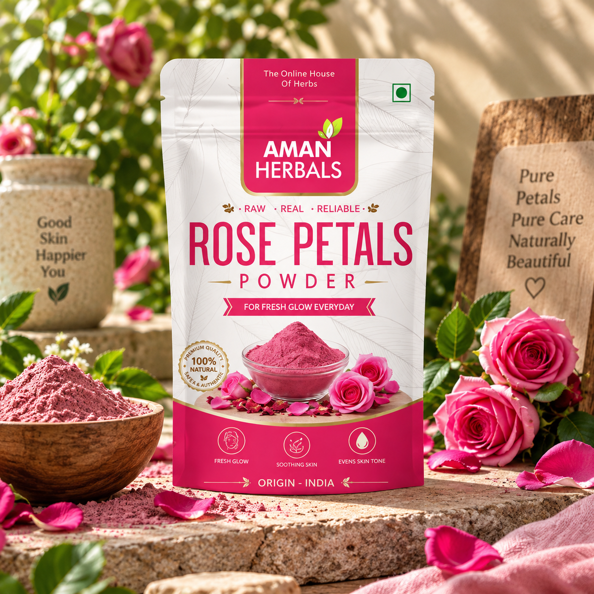 100% Pure and Organic Natural Rose Petal Powder for Face & Skin Glow