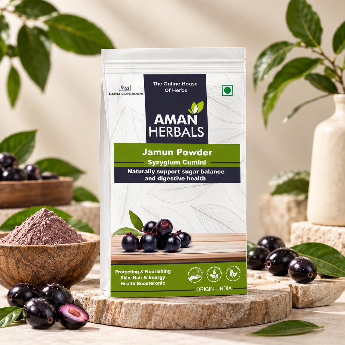 Aman Herbals Jamun Powder (Syzygium Cumini), Natural Sugar Balance and Digestive Support | 100% Pure & Natural Java Plum Seed 200gm