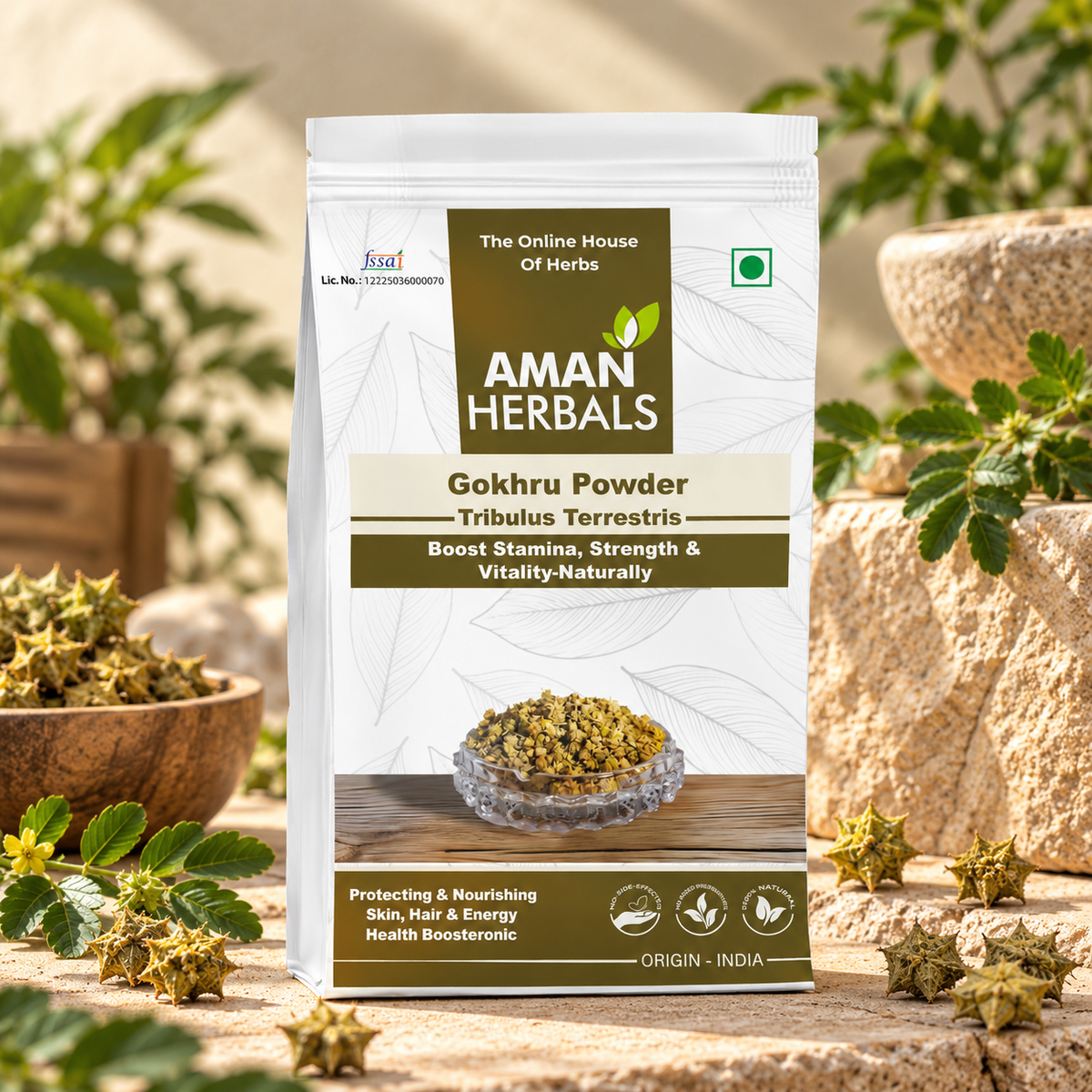 AMAN HERBALS Gokhru Powder | 100% Pure Tribulus Terrestris | Ayurvedic Support for Kidney & Vitality 200GM