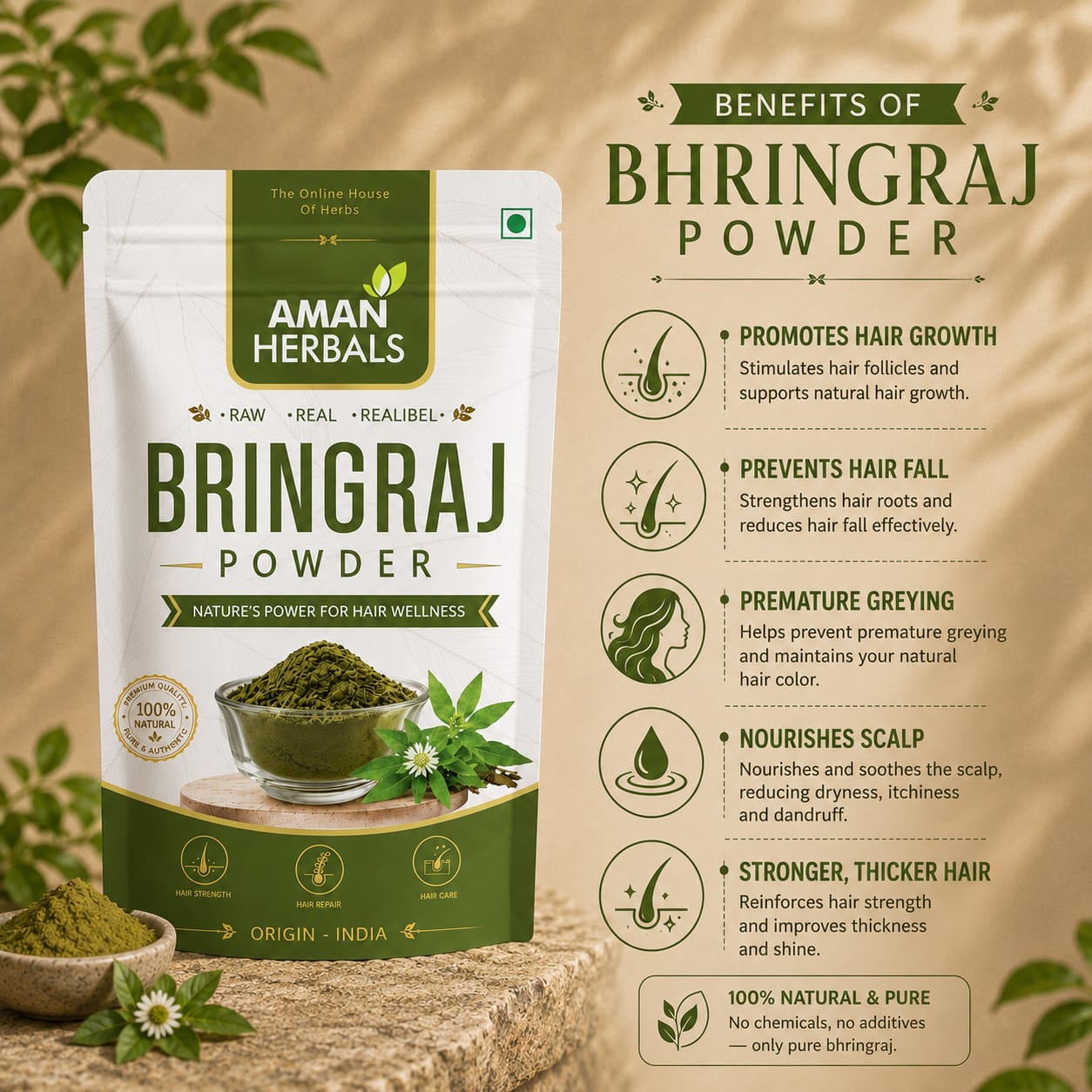 100% Pure and Natural Organic Bhringraj Powder for Hair Growth