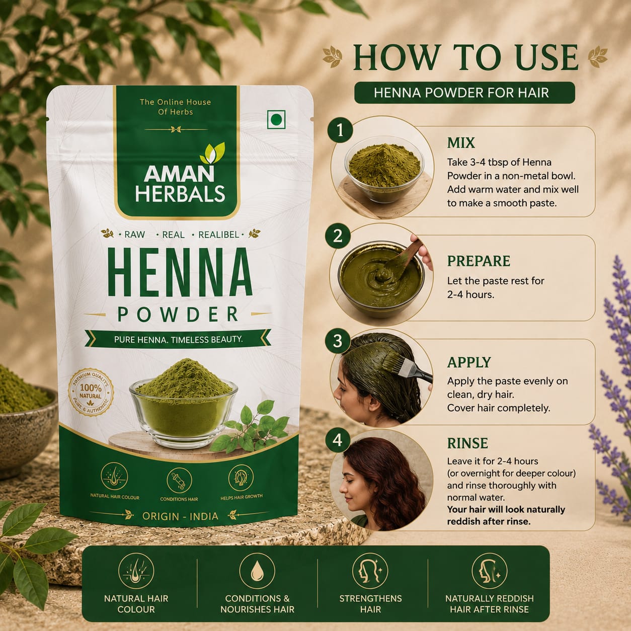 100% Pure and Natural Organic Henna/Mehndi Powder For Black Hair