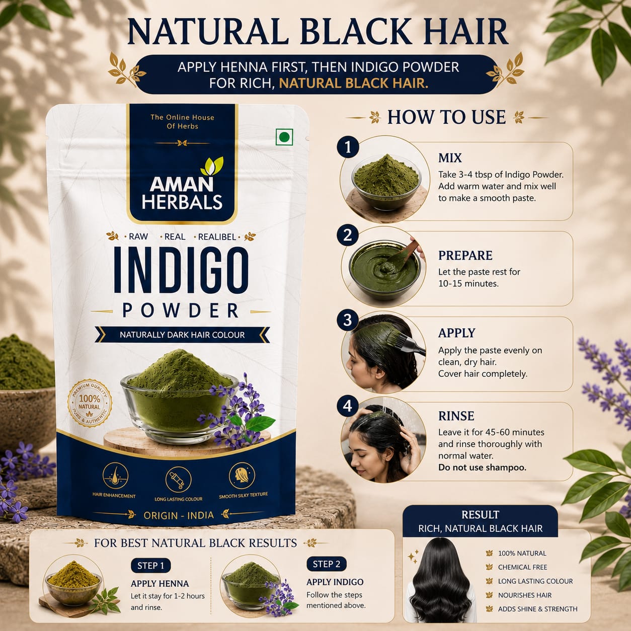 100% Pure and Natural Organic & Herbal Indigo Powder for Black Hair