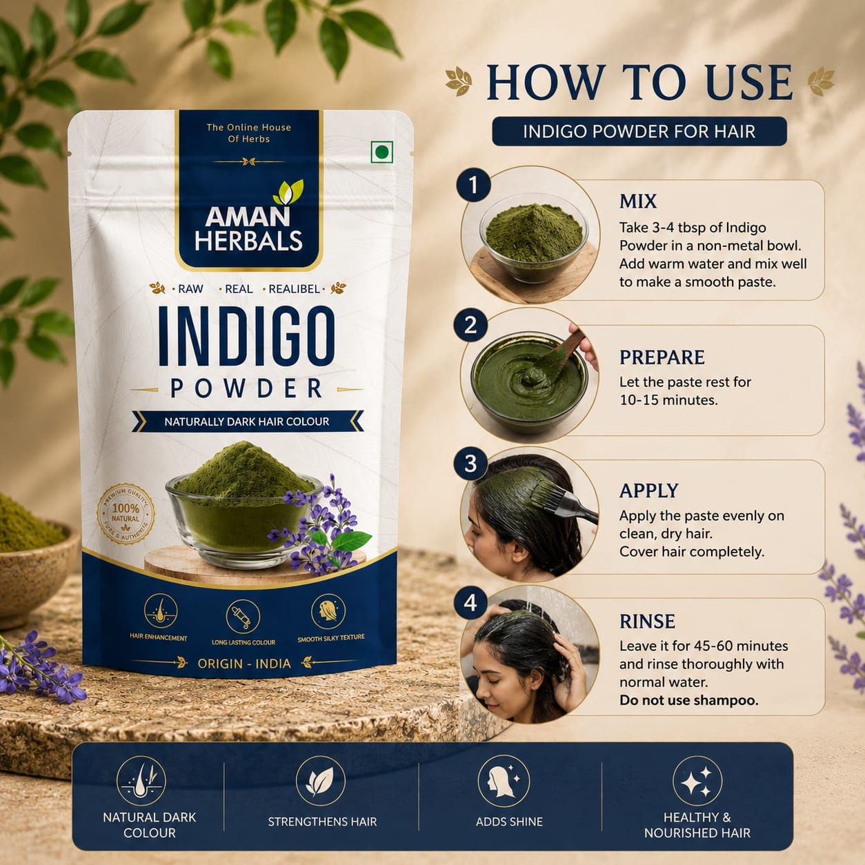 100% Pure and Natural Organic & Herbal Indigo Powder for Black Hair