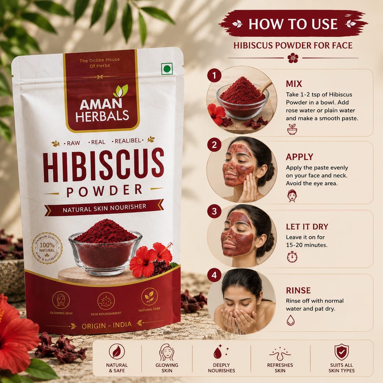 100% Pure and Natural Hibiscus powder for Hair Growth Face pack