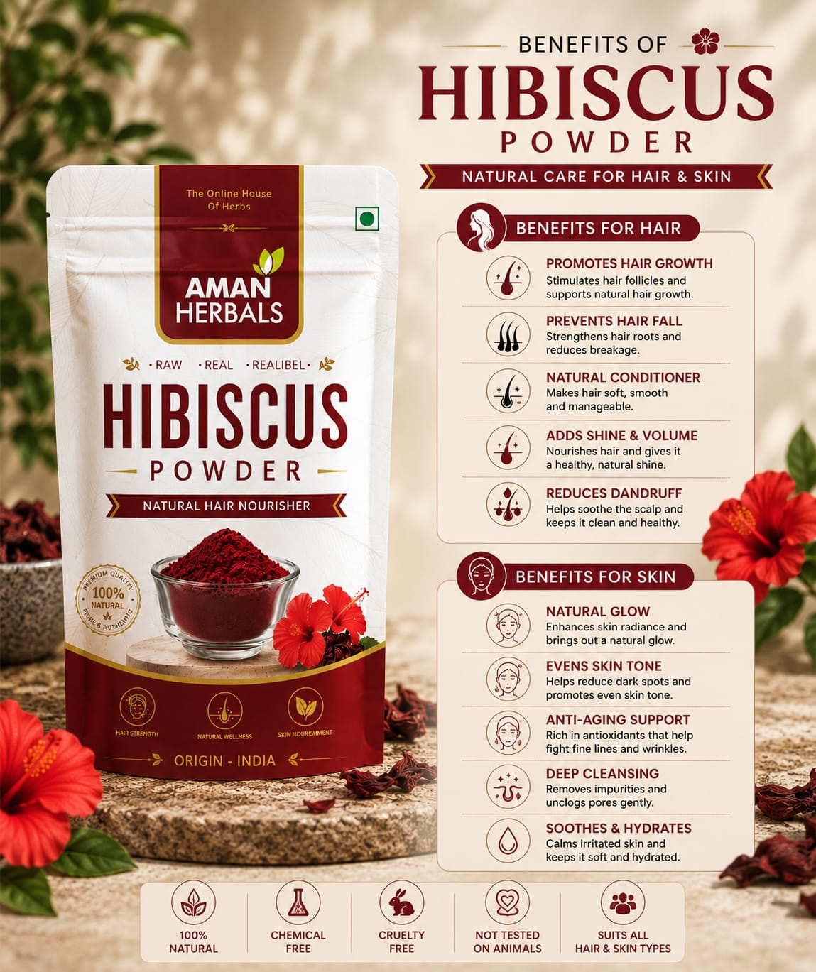 100% Pure and Natural Hibiscus powder for Hair Growth Face pack