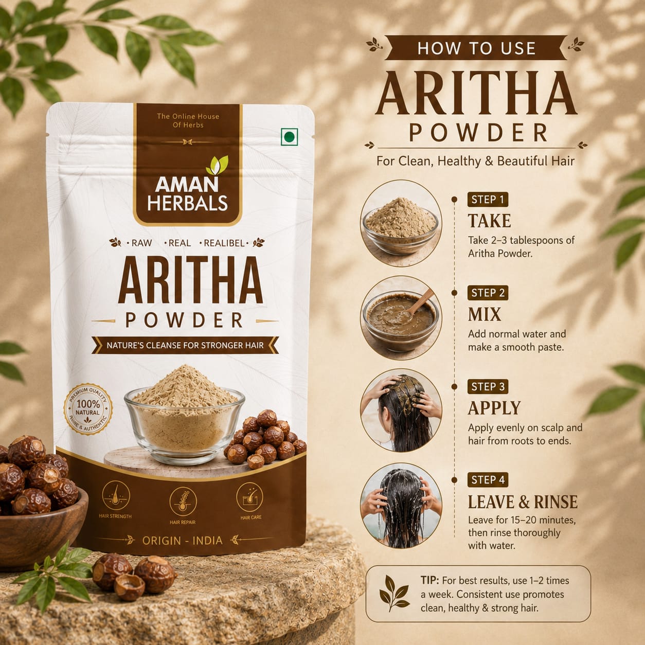 100% Pure and Organic Natural Reetha (Aretha) Powder for Hair Growth
