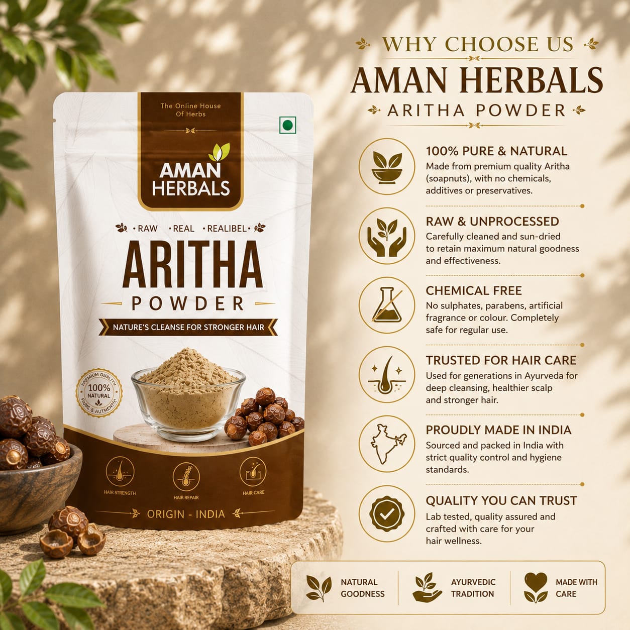 100% Pure and Organic Natural Reetha (Aretha) Powder for Hair Growth